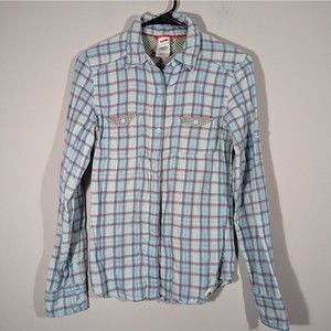 The North Face Top Women XS Blue Plaid Flannel Outdoor Hiking Button Down Sh…